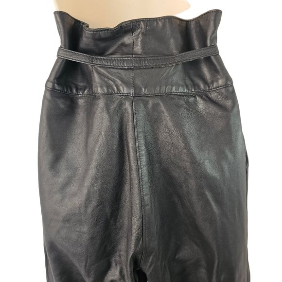 90s High Waist Leather Pants Laced Belt Slash Pockets Curved Hem Womens 26 Black - Picture 4 of 11